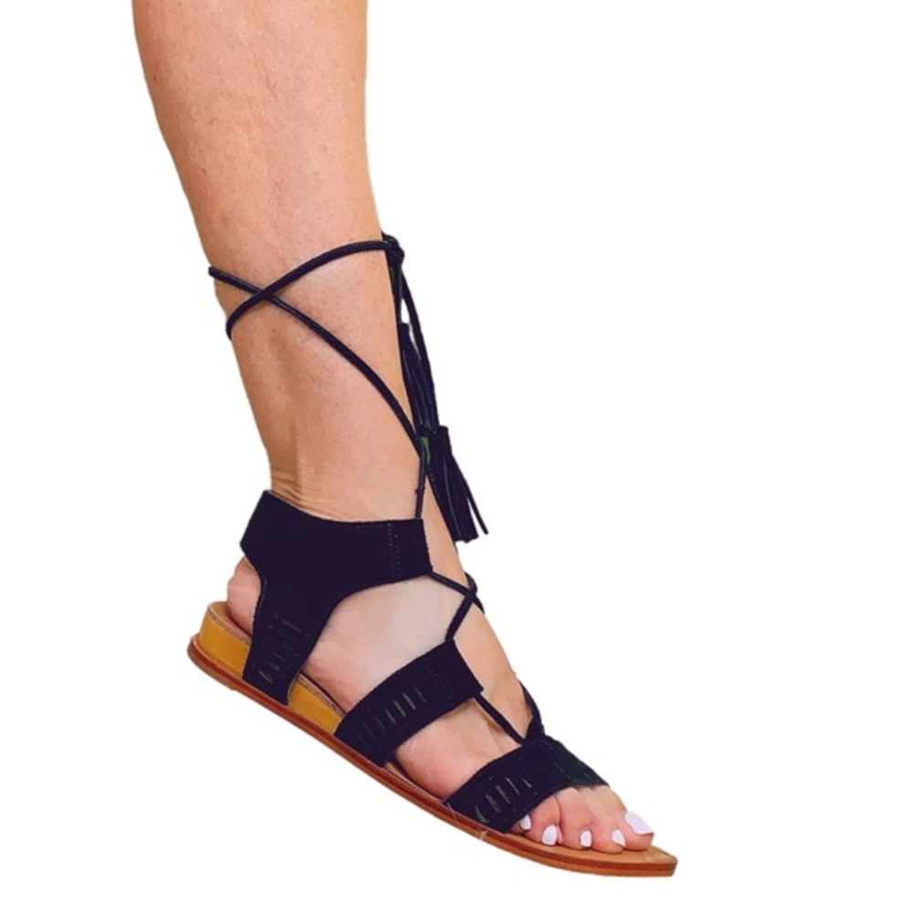 Caslon tassel Sandals, black suede, long laces that‎ cross cross around leg. 6.5
